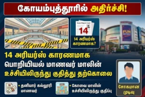 கோயம்புத்தூரில் அதிர்ச்சி: 14 அரியர்ஸ் காரணமா? Mall மேல் மாடியில் இருந்து குதித்து பொறியியல் மாணவர் உயிரிழப்பு