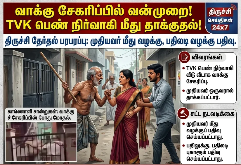 Trichy Poll Tensions: TVK Woman Functionary Attacked During Door-to-Door Campaign – Case Filed Against Elderly Man, Counter-Complaint Registered