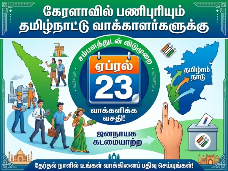 Paid holiday announced on April 23 for Tamil Nadu voters working in Kerala to participate in elections
