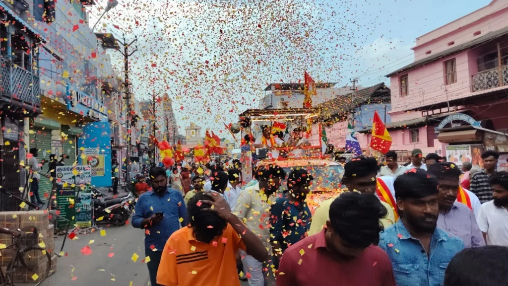 TVK final phase campaign in Tirunelveli draws massive crowds as R.S. Murugan leads a grand vote-gathering rally with festival-like enthusiasm