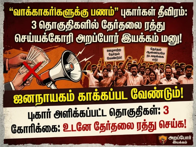 'வாக்காளர்களுக்கு பணம்' குற்றச்சாட்டு தீவிரம் – 3 தொகுதிகளில் தேர்தல் ரத்து கோரி அறப்போர் இயக்கம் அதிரடி புகார் 5 Complaint filed alleging cash-for-votes in three constituencies, with activists demanding election cancellation over serious electoral malpractice claims.