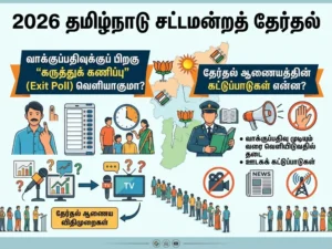 Tamil Nadu 2026 election voting scene with voters and officials, highlighting exit poll rules and Election Commission restrictions