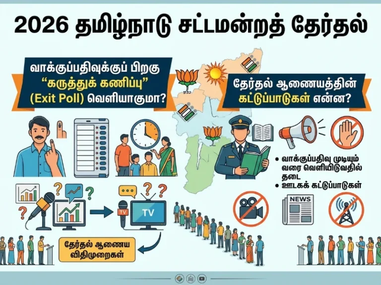 தமிழ்நாடு தேர்தல் 2026: வாக்குப்பதிவுக்குப் பின் 'Exit Poll' வெளியாகுமா? தேர்தல் ஆணையம் விதித்த தடைகள் என்ன? 3 Tamil Nadu 2026 election voting scene with voters and officials, highlighting exit poll rules and Election Commission restrictions