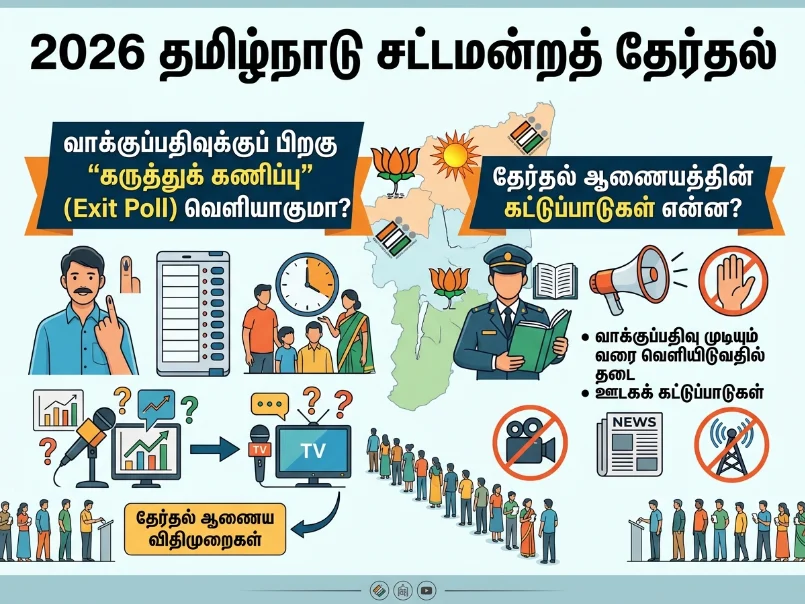 Tamil Nadu 2026 election voting scene with voters and officials, highlighting exit poll rules and Election Commission restrictions