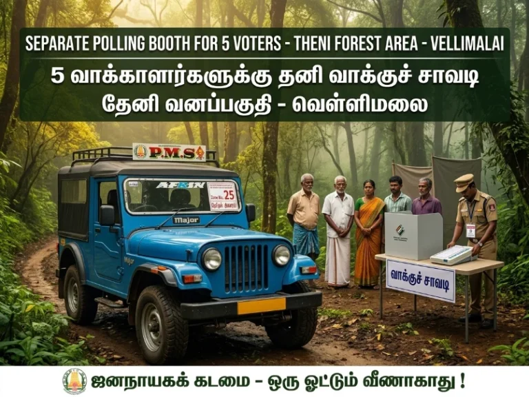 EVM machines being carried with security personnel to a special polling station in Vellimalai village, Theni district for five registered voters during election arrangements.