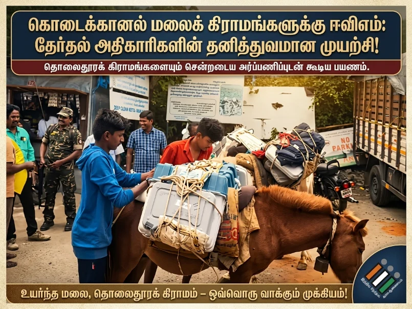 Election officers carrying an Electronic Voting Machine on a horse through rugged terrain in Kodaikanal to reach remote hill village voters