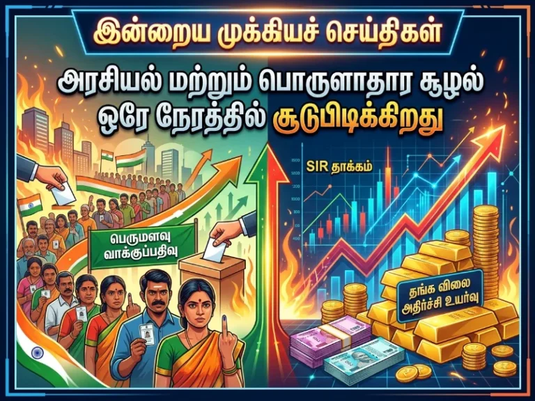 Headlines Today: அதிக வாக்குப்பதிவு, SIR தாக்கம், தங்கம் விலை அதிர்ச்சி உயர்வு – அரசியல் மற்றும் பொருளாதார சூழல் ஒரே நேரத்தில் சூடுபிடிப்பு 25 Rising voter turnout, SIR impact, and sudden gold price surge highlight a heated political and economic climate today, reflecting intense developments across governance and markets.