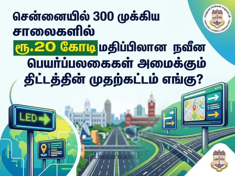 Chennai Corporation rolls out ₹20 crore smart digital wayfinding signboard project across 300 major roads to enhance urban navigation and public guidance, with first phase locations identified in Chennai.