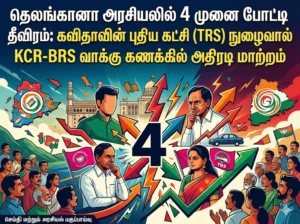 Telangana political four-corner contest intensifies as K. Kavitha’s new party entry triggers a major shift in TRS/BRS vote calculations under KCR’s leadership.