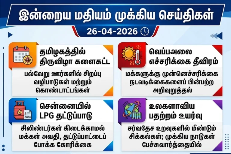 Festivals in full swing across Tamil Nadu amid rising heatwave warnings, LPG shortage hits Chennai, and global tensions continue to escalate.