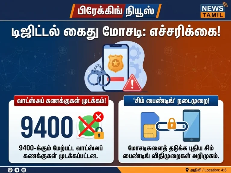 டிஜிட்டல் கைது மோசடி : 9400 WhatsApp கணக்குகள் முடக்கம் | SIM binding நடவடிக்கைகள் அறிவிப்பு.