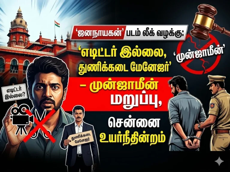 ஜனநாயகன் படம் லீக் வழக்கு: ‘எடிட்டர் இல்லை, துணிக்கடை மேனேஜர்’ – முன்ஜாமீன் மறுப்பு, சென்னை உயர்நீதிமன்றம் அதிரடி 25 ஜனநாயகன் படம் லீக் வழக்கு: ‘எடிட்டர் இல்லை, துணிக்கடை மேனேஜர்’ – முன்ஜாமீன் மறுப்பு, சென்னை உயர்நீதிமன்றம் அதிரடி