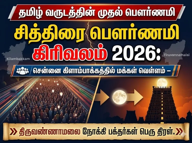 Devotees throng Kilambakkam Bus Terminus in Chennai for Chithirai Pournami Girivalam 2026, traveling in large numbers to Tiruvannamalai for the first full moon of the Tamil New Year.