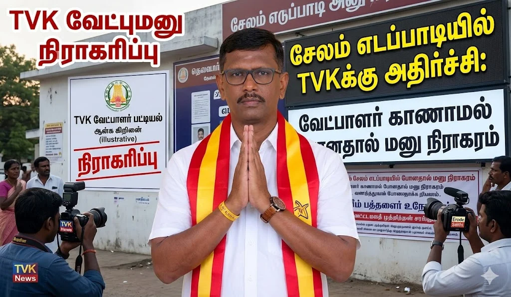 சேலம் எடப்பாடியில் TVKக்கு அதிர்ச்சி: வேட்பாளர் காணாமல் போனதால் மனு நிராகரம்