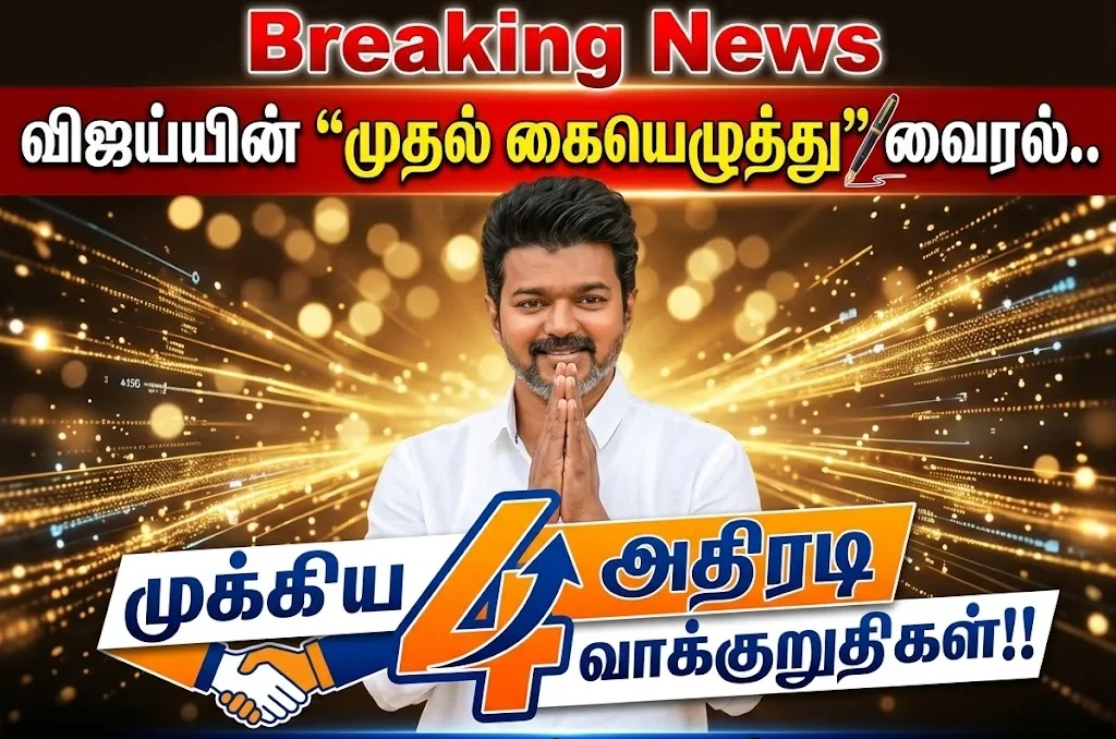 Thalapathy Vijay’s First Political Signature Goes Viral – 4 Major Welfare Promises Including Free Electricity and Free Bus Travel Announced