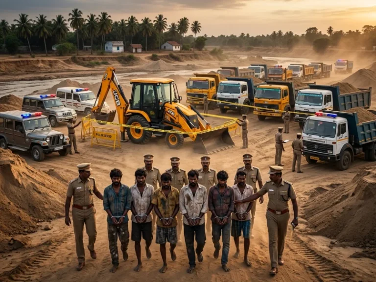 Pangudi Sand Theft Crackdown: 6 Arrested for Illegal Pond Soil Mining Using JCB, 23.5 Units of Sand and 8 Vehicles Seized