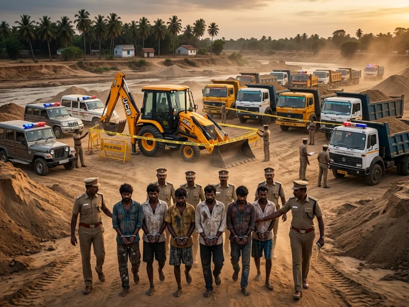 Pangudi Sand Theft Crackdown: 6 Arrested for Illegal Pond Soil Mining Using JCB, 23.5 Units of Sand and 8 Vehicles Seized