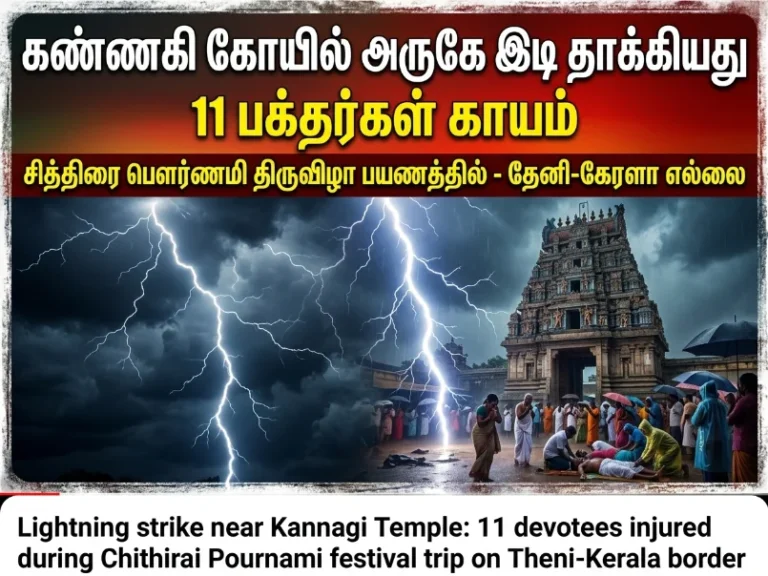 Lightning strike near Mangala Devi Kannagi Temple on Tamil Nadu–Kerala border during Chithirai Pournami festival leaves 11 devotees injured while returning after celebrations in Theni-Idukki forest region.