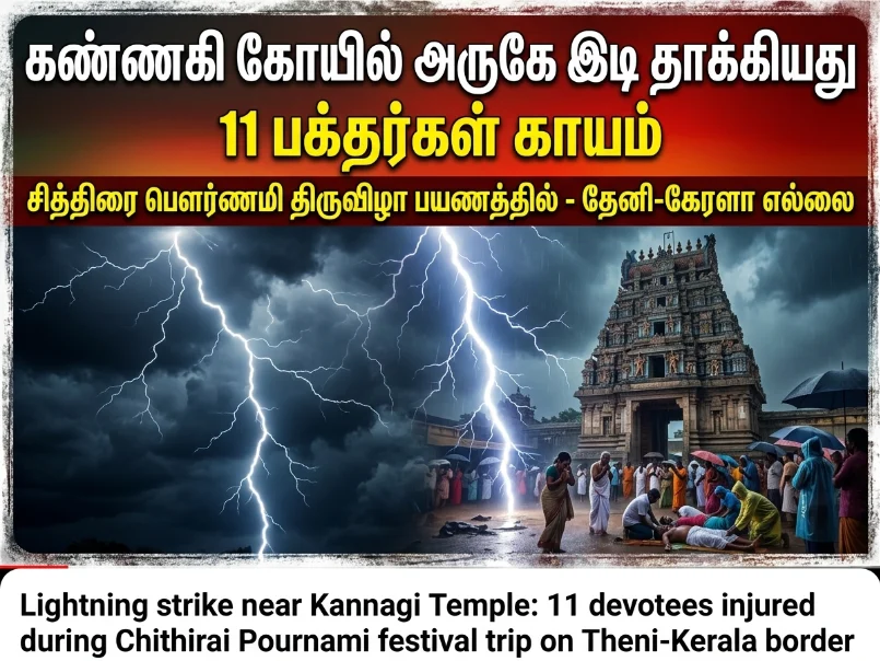 Lightning strike near Mangala Devi Kannagi Temple on Tamil Nadu–Kerala border during Chithirai Pournami festival leaves 11 devotees injured while returning after celebrations in Theni-Idukki forest region.
