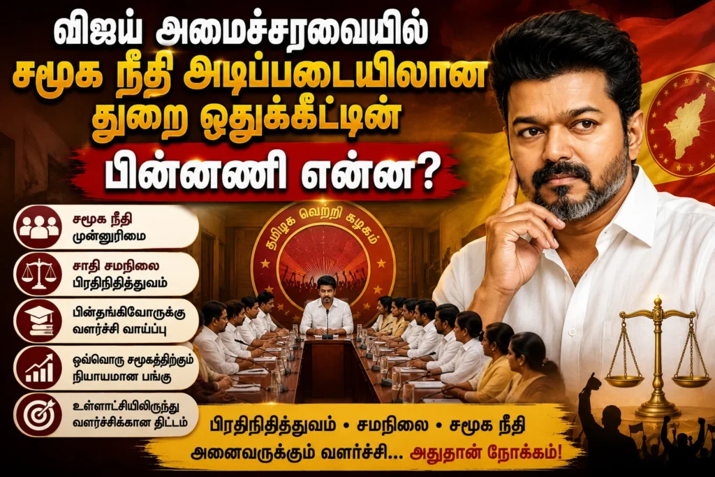 விஜய் அமைச்சரவையில் சமூக நீதி அடிப்படையிலான துறை ஒதுக்கீட்டின் பின்னணி என்ன? 1 image 353
