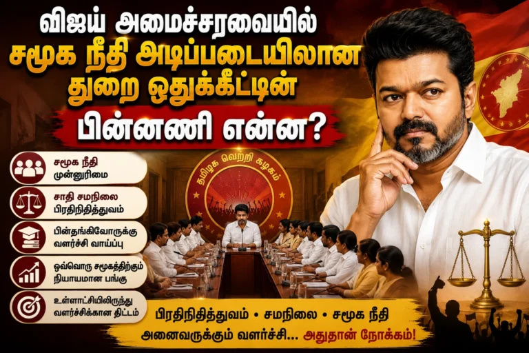 விஜய் அமைச்சரவையில் சமூக நீதி அடிப்படையிலான துறை ஒதுக்கீட்டின் பின்னணி என்ன? 12 விஜய் அமைச்சரவையில் யாருக்கு எந்த துறை? சமூக நீதி அடிப்படையிலான துறை ஒதுக்கீட்டின் பின்னணி என்ன?