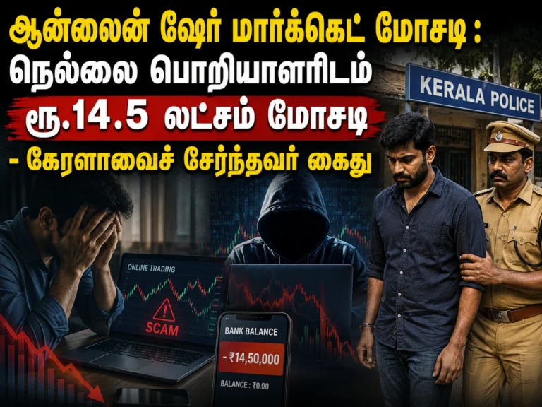 ஆன்லைன் ஷேர் மார்க்கெட் மோசடி : நெல்லை பொறியாளரிடம் ரூ.14.5 லட்சம் மோசடி - கேரளாவைச் சேர்ந்தவர் கைது 16 Online Share Market Scam: Kerala Man Arrested for Defrauding Nellai Engineer of ₹14.5 Lakh in Fake Investment Fraud Case