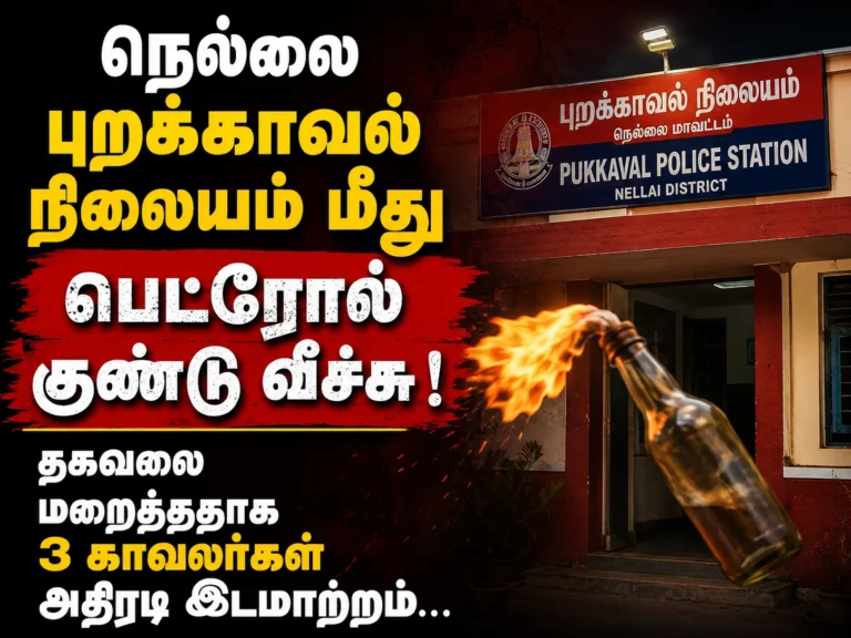 நெல்லை புறக்காவல் நிலையம் மீது பெட்ரோல் குண்டு வீச்சு ! தகவலை மறைத்ததாக 3 காவலர்கள் அதிரடி இடமாற்றம்… 3 Nellai Petrol Bomb Attack Shocks Tamil Nadu: 3 Police Officers Transferred for Allegedly Hiding Critical Information