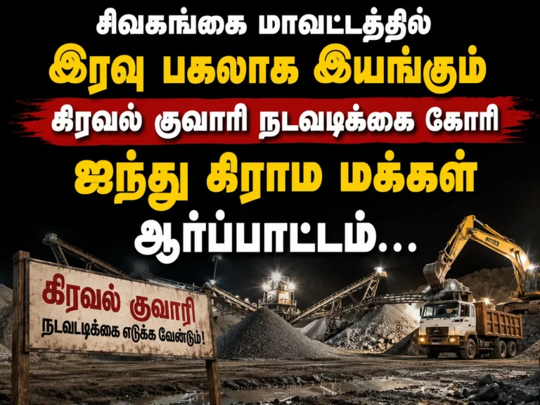 சிவகங்கை மாவட்டத்தில் இரவு பகலாக இயங்கும் கிரவல் குவாரி நடவடிக்கை கோரி ஐந்து கிராம மக்கள் ஆர்ப்பாட்டம்… 2 Five village residents protest against the 24x7 operation of gravel quarries in Sivaganga district, demanding immediate action over environmental damage, dust pollution, and public safety concerns.