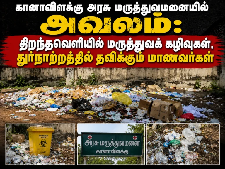 கானாவிளக்கு அரசு மருத்துவமனையில் அவலம்: திறந்தவெளியில் மருத்துவக் கழிவுகள், துர்நாற்றத்தில் தவிக்கும் மாணவர்கள் 23 Medical waste dumped openly at Kanavilakku Government Hospital causes foul smell and distress for nearby students