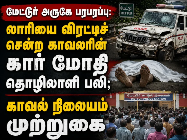 மேட்டூர் அருகே பரபரப்பு: லாரியை விரட்டிச் சென்ற காவலரின் கார் மோதி தொழிலாளி பலி; காவல் நிலையம் முற்றுகை 19 Mettur Shock: Worker Killed After Police Chase Car Crashes Into Him Near Lorry; Public Siege Police Station