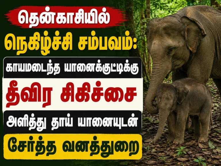 தென்காசியில் நெகிழ்ச்சி சம்பவம்: காயமடைந்த யானைக்குட்டிக்கு தீவிர சிகிச்சை அளித்து தாய் யானையுடன் சேர்த்த வனத்துறை 15 Tenkasi Forest Department Rescues Injured Elephant Calf and Reunites It with Mother After Intensive Treatment