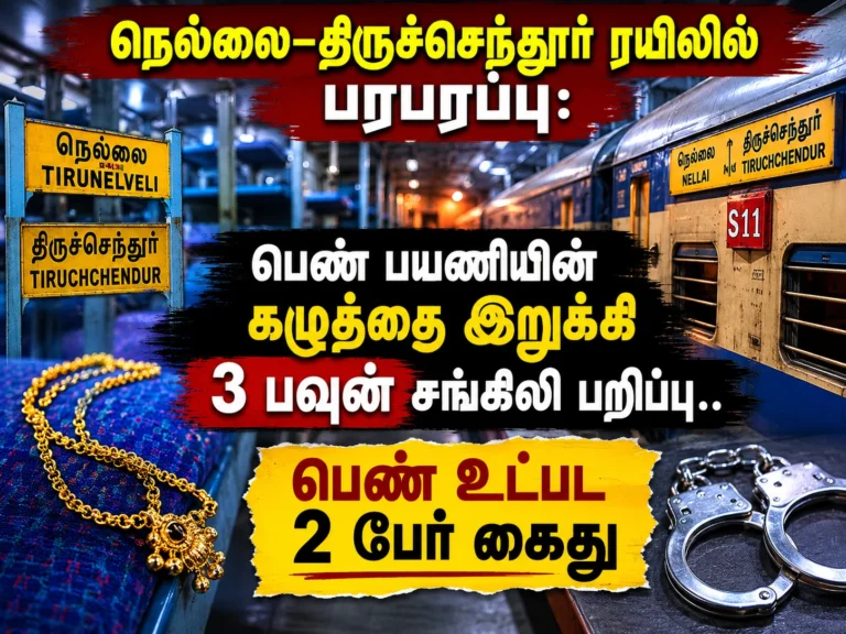 நெல்லை-திருச்செந்தூர் ரயிலில் பரபரப்பு: பெண் பயணியின் கழுத்தை இறுக்கி 3 பவுன் சங்கிலி பறிப்பு.. பெண் உட்பட 2 பேர் கைது 14 Shocking chain snatching incident on Nellai–Tiruchendur train as woman passenger attacked and robbed of 3-sovereign gold chain; woman among two arrested by police