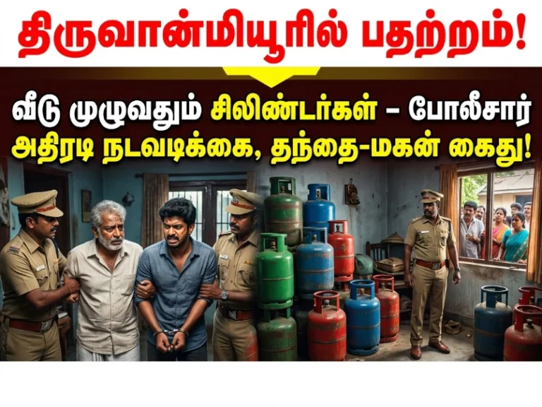 Thiruvanmiyur, Chennai shock: Police conduct sudden raid and discover a house fully stocked with multiple LPG gas cylinders; father and son arrested in a major safety crackdown operation, creating widespread tension in the locality.