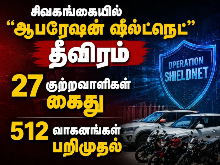 சிவகங்கையில் 'ஆபரேஷன் ஷீல்ட்நெட்' தீவிரம் ;27 குற்றவாளிகள் கைது - 512 வாகனங்கள் பறிமுதல்… 24 Sivaganga Police intensify “Operation ShieldNet”; 27 criminals arrested and 512 vehicles seized in massive district-wide crackdown
