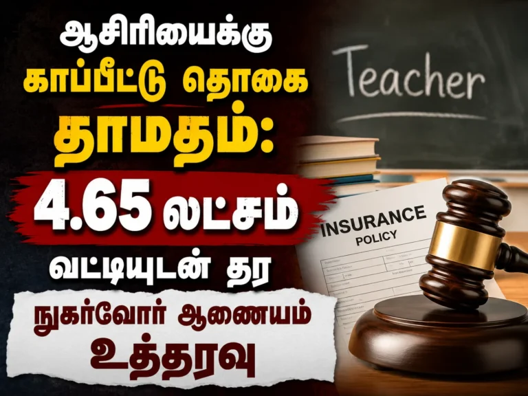 ஆசிரியைக்கு காப்பீட்டு தொகை தாமதம்: 4.65 லட்சம் வட்டியுடன் தர நுகர்வோர் ஆணையம் உத்தரவு 11 Teacher Wins Insurance Delay Case: Consumer Commission Orders Rs 4.65 Lakh With Interest