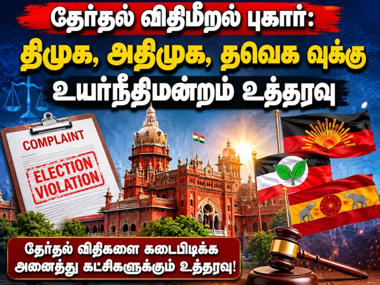 தேர்தல் விதிமீறல் புகார்: திமுக, அதிமுக, தவெக வுக்கு உயர்நீதிமன்றம் உத்தரவு 10 Election Code Violation Complaint: High Court Issues Notice to DMK, AIADMK and TVK in Tamil Nadu