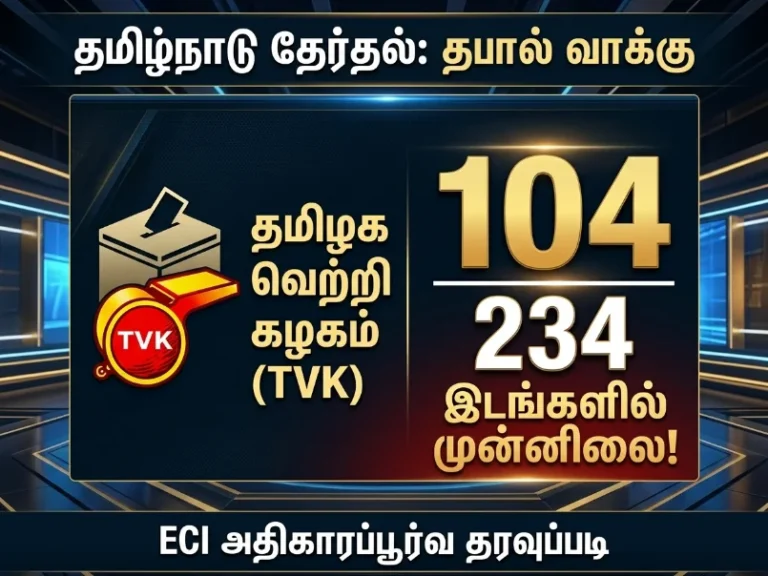 LIVE : ECI அதிகாரப்பூர்வ தரவுகளின்படி, 234 தொகுதிகளில் TVK (Tamilaga Vettri Kazhagam) 104 இடங்களில் முன்னிலையில் உள்ளது