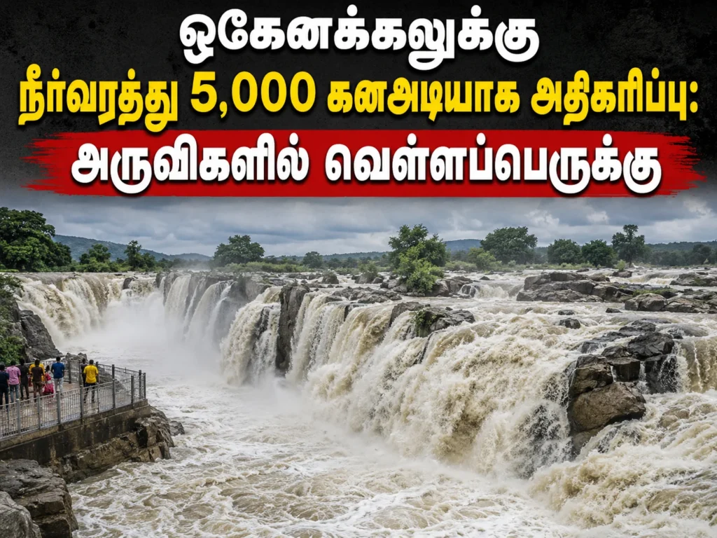 Hogenakkal Water Inflow Rises to 5,000 Cusecs as Waterfalls Swell Amid Flood-Like Conditions