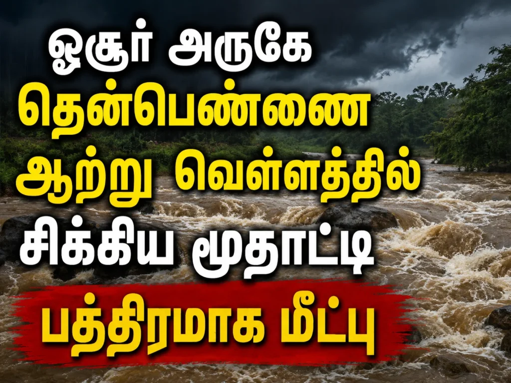 ஓசூர் அருகே தென்பெண்ணை ஆற்று வெள்ளத்தில் சிக்கிய மூதாட்டி பத்திரமாக மீட்பு 1 Elderly Woman Safely Rescued After Getting Trapped in Thenpennai River Flood Near Hosur