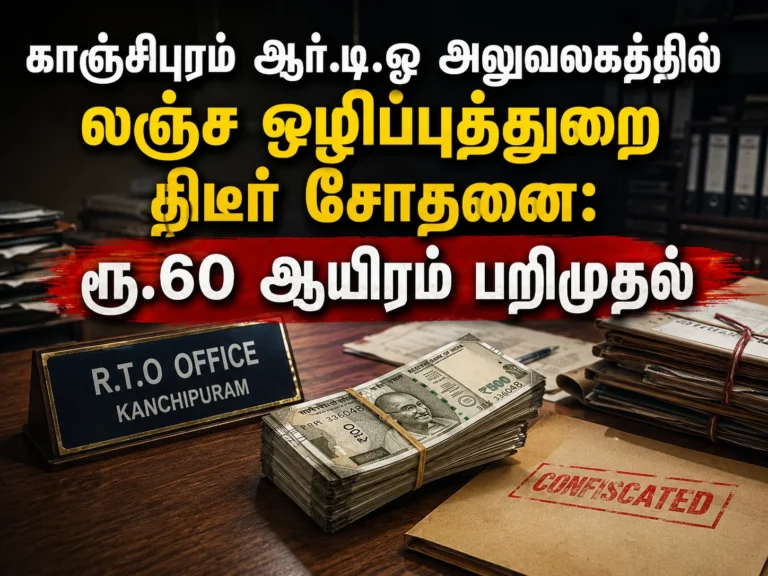 காஞ்சிபுரம் ஆர்.டி.ஓ அலுவலகத்தில் லஞ்ச ஒழிப்புத்துறை திடீர் சோதனை: ரூ.60 ஆயிரம் பறிமுதல் 3 DVAC Raid at Kanchipuram RTO Office: Rs 60,000 Seized During Surprise Anti-Corruption Inspection