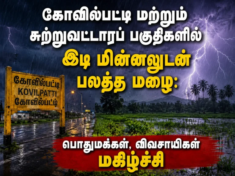 கோவில்பட்டி மற்றும் சுற்றுவட்டாரப் பகுதிகளில் இடி மின்னலுடன் பலத்த மழை: பொதுமக்கள், விவசாயிகள் மகிழ்ச்சி 4 Heavy Rain with Thunder and Lightning Brings Relief to Farmers and Residents in Kovilpatti and Nearby Areas