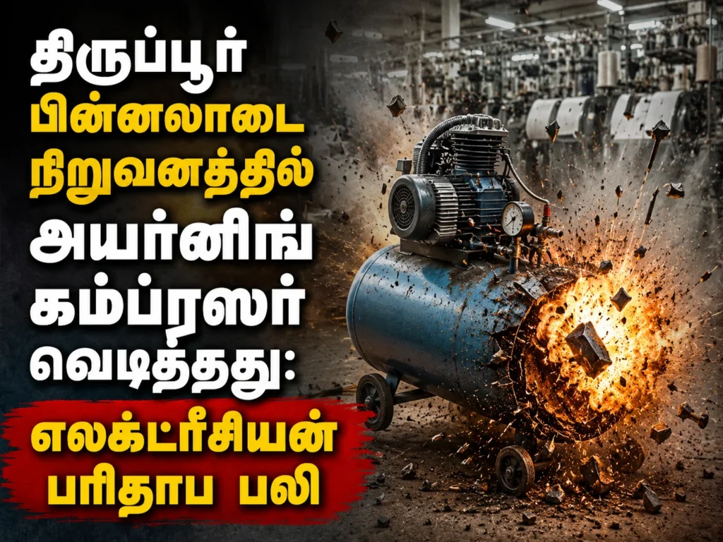 திருப்பூர் பின்னலாடை நிறுவனத்தில் அயர்னிங் கம்ப்ரஸர் வெடித்தது: தலை சிதறி எலக்ட்ரீசியன் பரிதாப பலி 1 Fatal Compressor Explosion at Tiruppur Knitwear Factory Claims Electrician's Life in Tragic Workplace Accident
