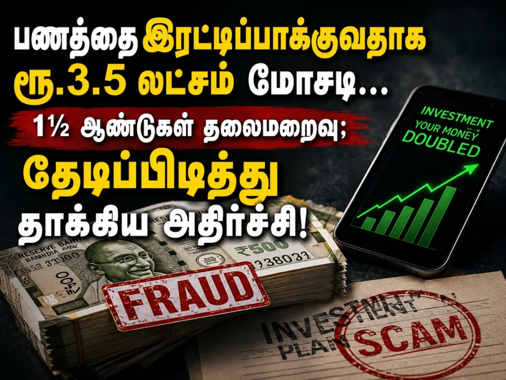 பணத்தை இரட்டிப்பாக்குவதாக ரூ.3.5 லட்சம் மோசடி... 1½ ஆண்டுகள் தலைமறைவு; தேடிப்பிடித்து தாக்கிய அதிர்ச்சி! 1 Man Arrested After 18 Months on the Run in Rs 3.5 Lakh Double Money Investment Fraud Case