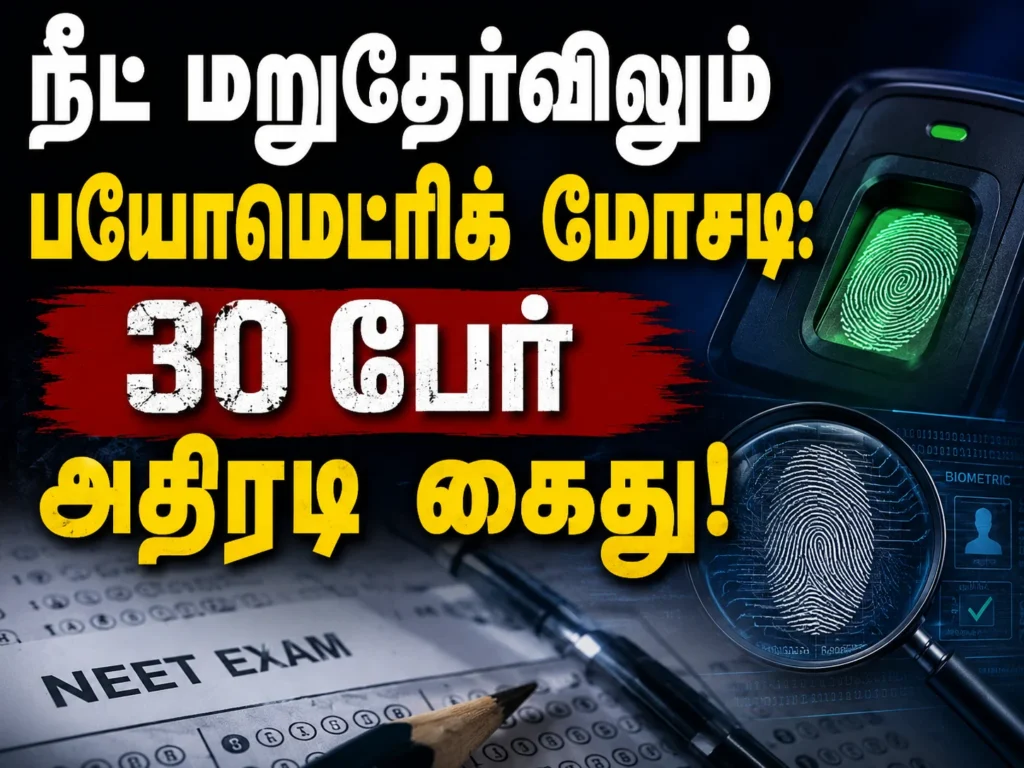 NEET மறுதேர்விலும் பயோமெட்ரிக் மோசடி: 30 பேர் அதிரடி கைது! 1 NEET Re-Exam Biometric Fraud Exposed: 30 Arrested in Major Crackdown Over Examination Malpractice
