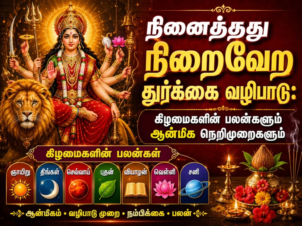 நினைத்தது நிறைவேற துர்க்கை வழிபாடு: கிழமைகளின் பலன்களும் ஆன்மிக நெறிமுறைகளும் 1 Durga Worship for Wish Fulfillment: Spiritual Benefits and the Significance of Worship on Different Weekdays